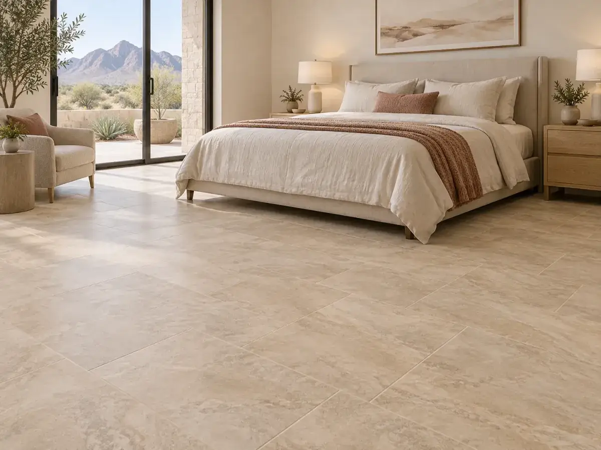 Bedroom with stone-look luxury vinyl tile flooring