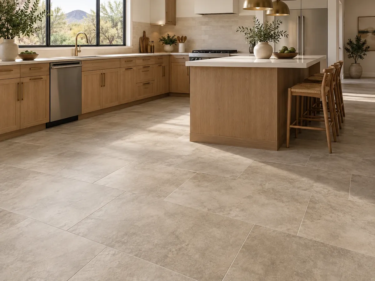 Stone-look luxury vinyl tile in a finished Phoenix-area kitchen (illustration)