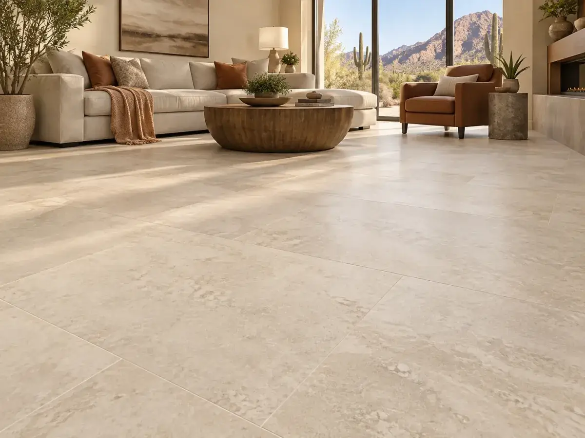 Illustration of tile-look luxury vinyl tile (LVT) flooring in a living room