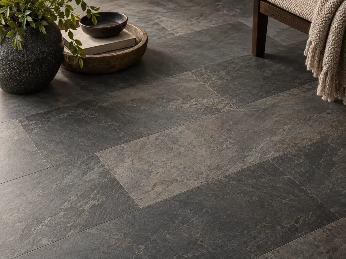 Slate-look luxury vinyl tile floor in charcoal