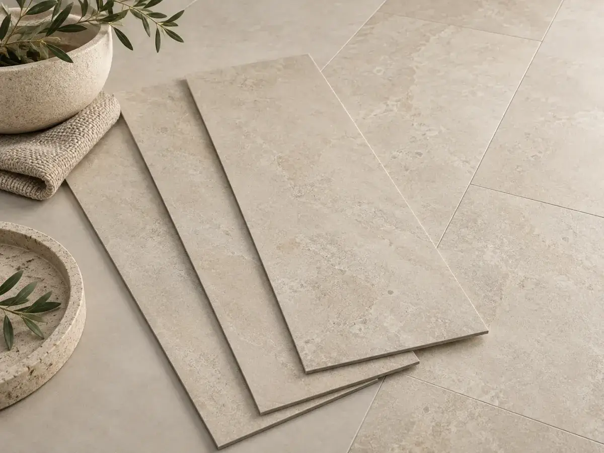 Stone-look luxury vinyl tile planks in warm beige, fanned out