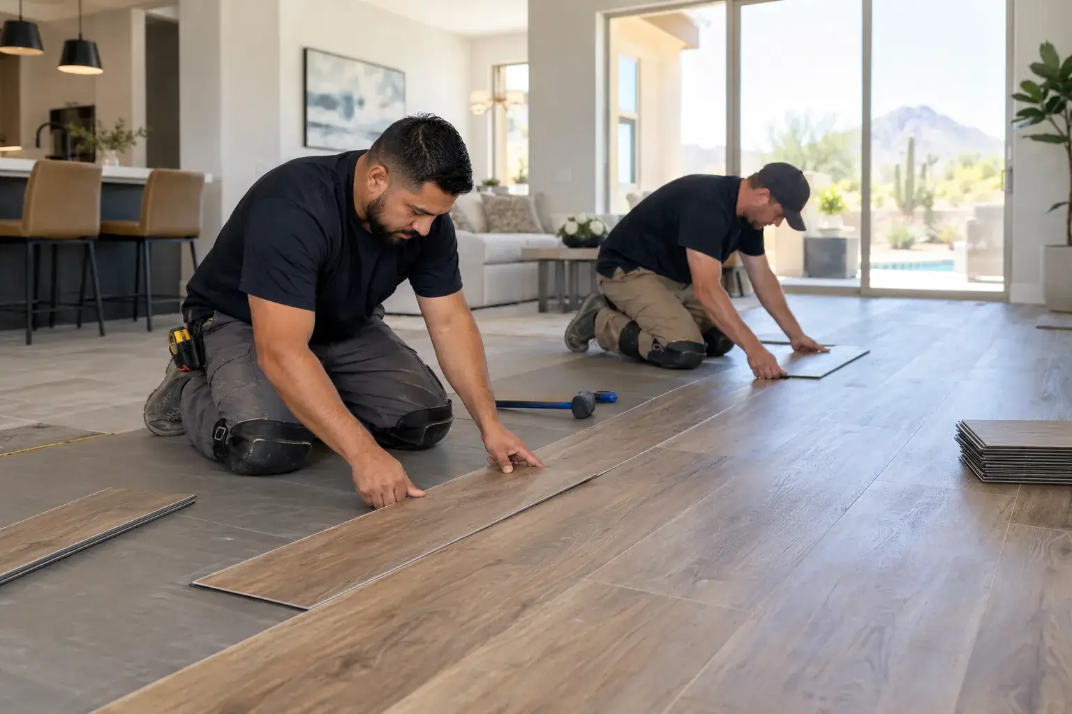 Floor Daddy vinyl plank flooring installers fitting plank in a Phoenix home