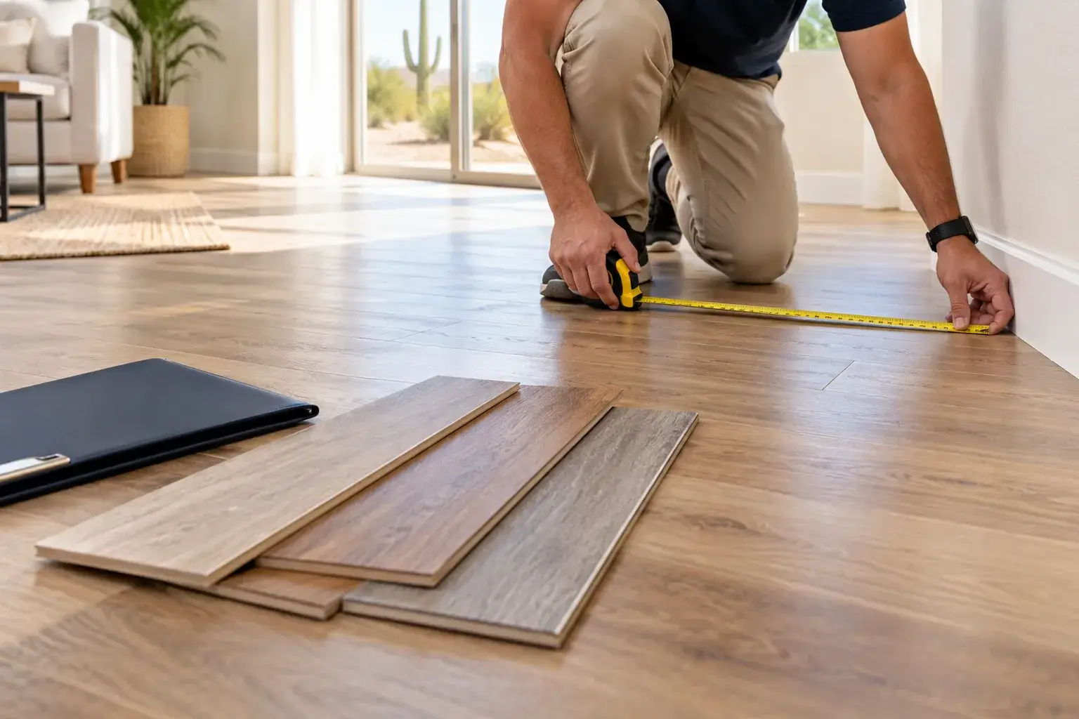 Floor Daddy consultant measuring a room with vinyl plank samples on the floor