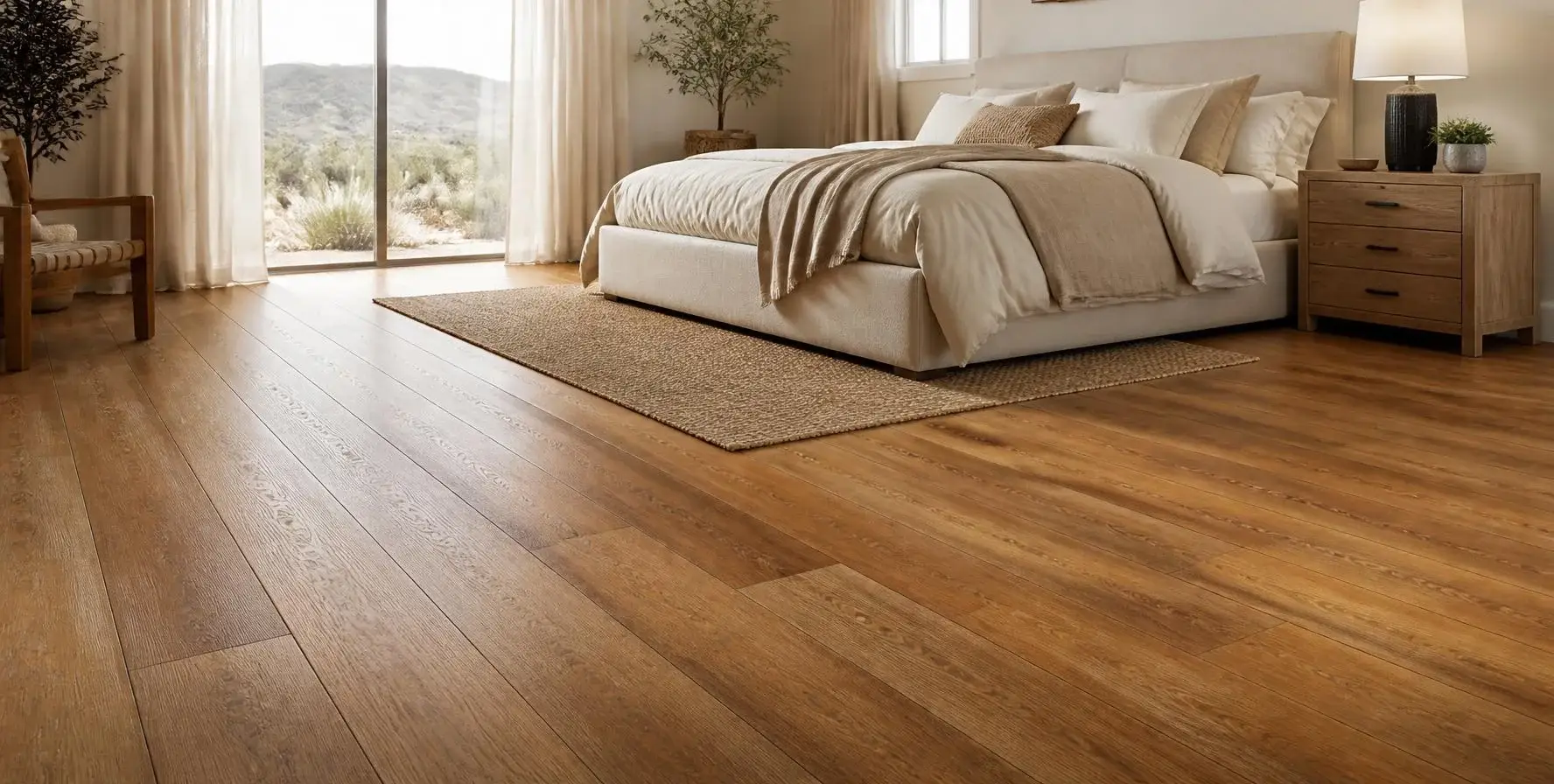 Bedroom with warm oak-look laminate plank flooring, upholstered bed and a small rug