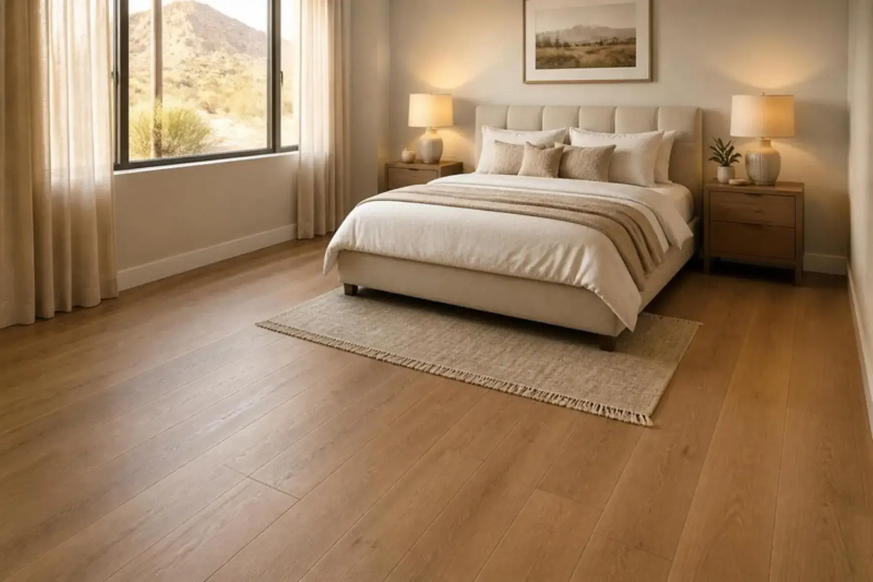 Bedroom with warm oak-look laminate plank flooring, upholstered bed and a small rug