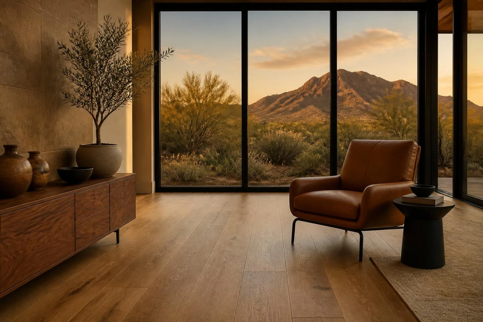 Arizona living area with warm oak-look laminate plank flooring and a mountain view at golden hour