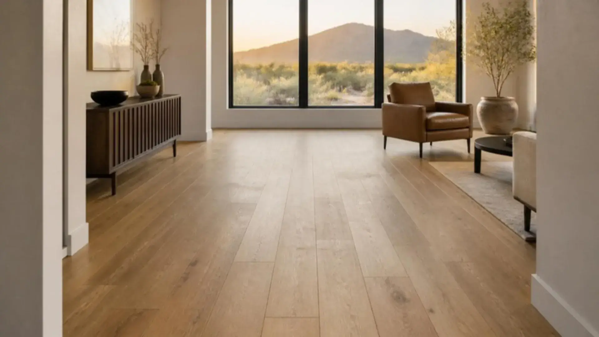 Arizona living area with warm oak-look laminate plank flooring and a mountain view at golden hour