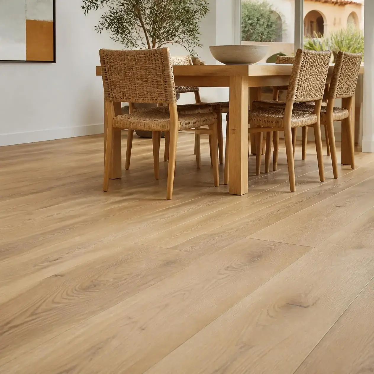 Dining area and family room with continuous pale oak-look laminate plank flooring and desert hills outside