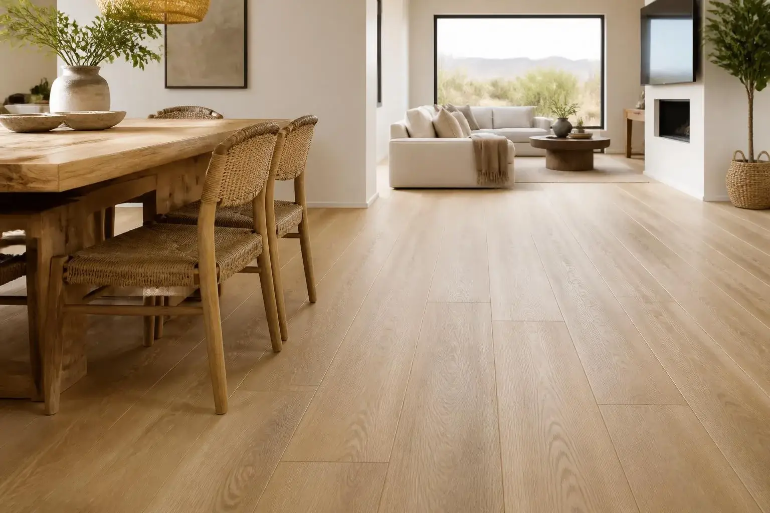 Dining area and family room with continuous pale oak-look laminate plank flooring and desert hills outside