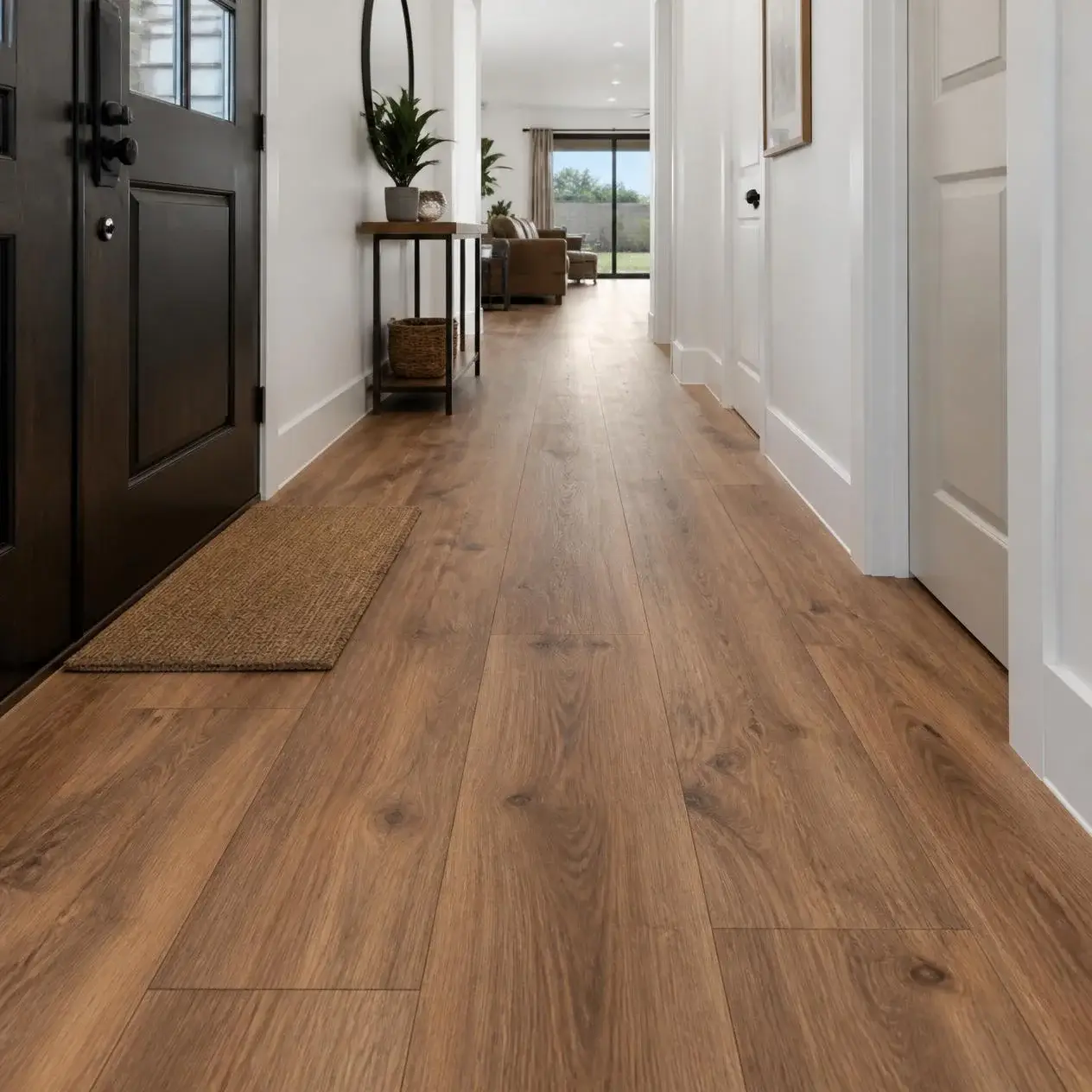 Front entryway and hallway with medium-brown oak-look laminate plank flooring and a coir doormat