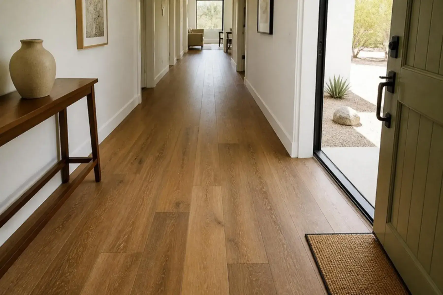 Front entryway and hallway with medium-brown oak-look laminate plank flooring and a coir doormat