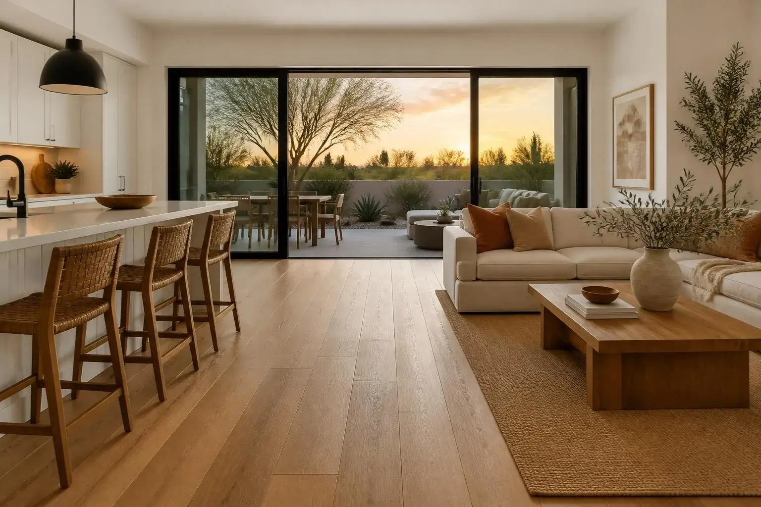 Open-concept Arizona great room and kitchen with natural oak-look laminate plank flooring and a desert patio view