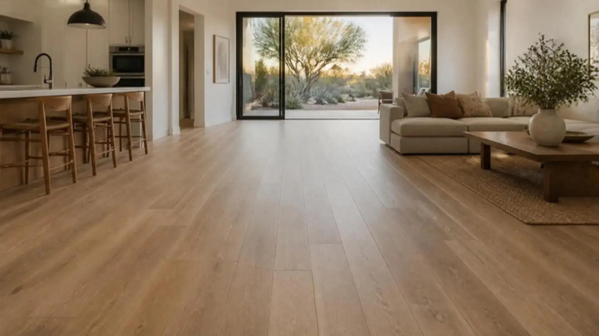 Open-concept Arizona great room and kitchen with natural oak-look laminate plank flooring and a desert patio view