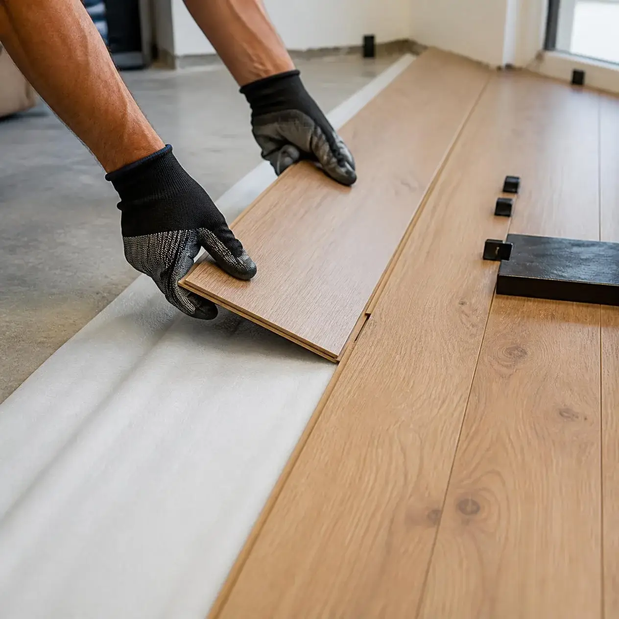 Installer clicking an oak-look laminate plank into place over foam underlayment on a concrete slab