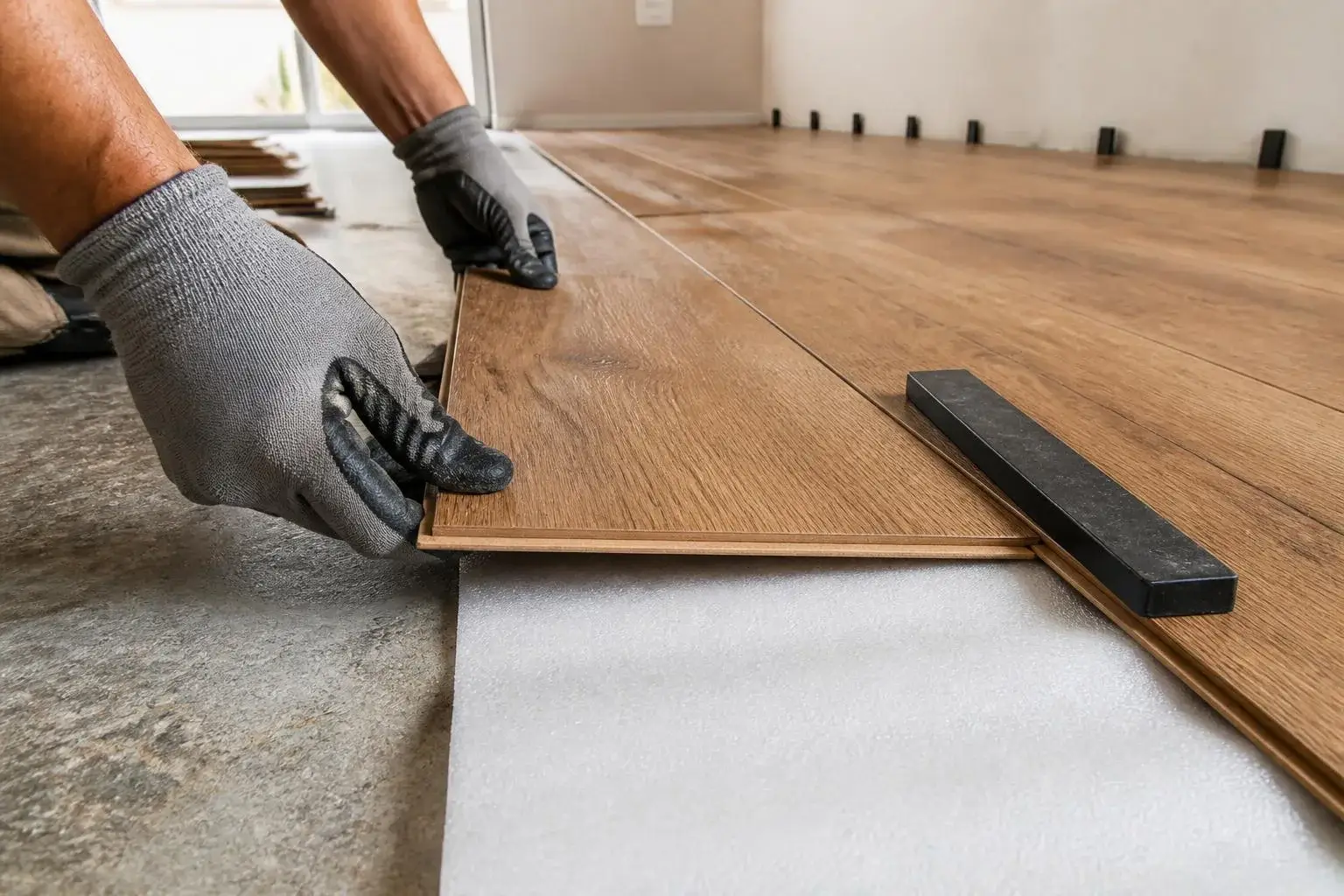 Installer clicking an oak-look laminate plank into place over foam underlayment on a concrete slab