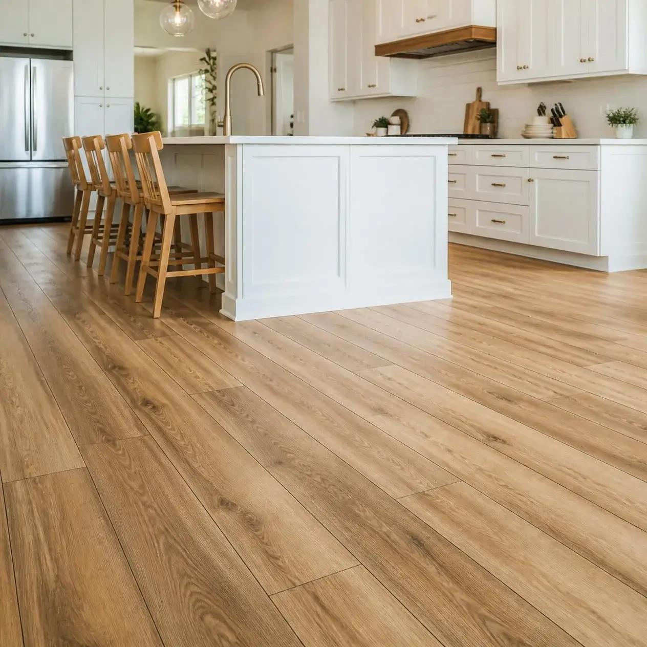 Bright white kitchen with oak-look laminate plank flooring running past the island and counter stools