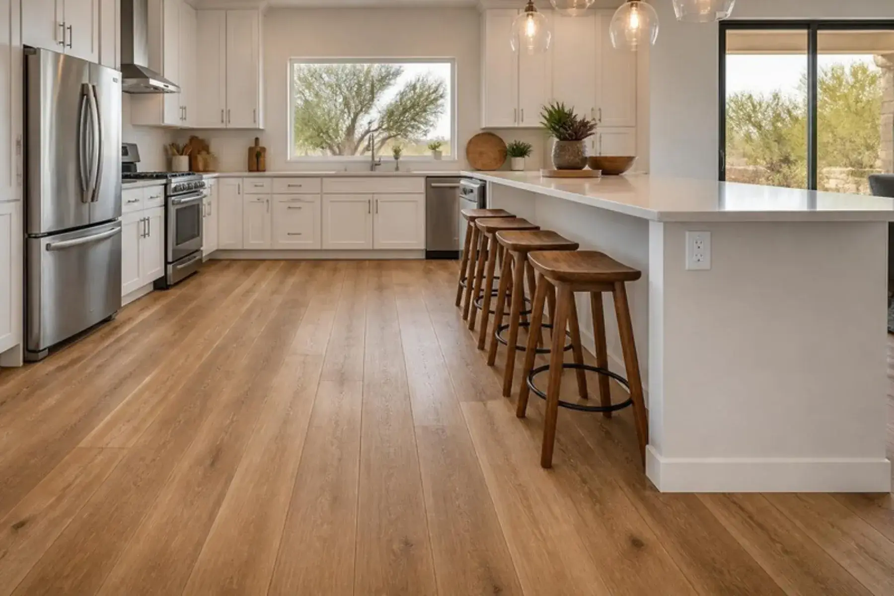 Bright white kitchen with oak-look laminate plank flooring running past the island and counter stools