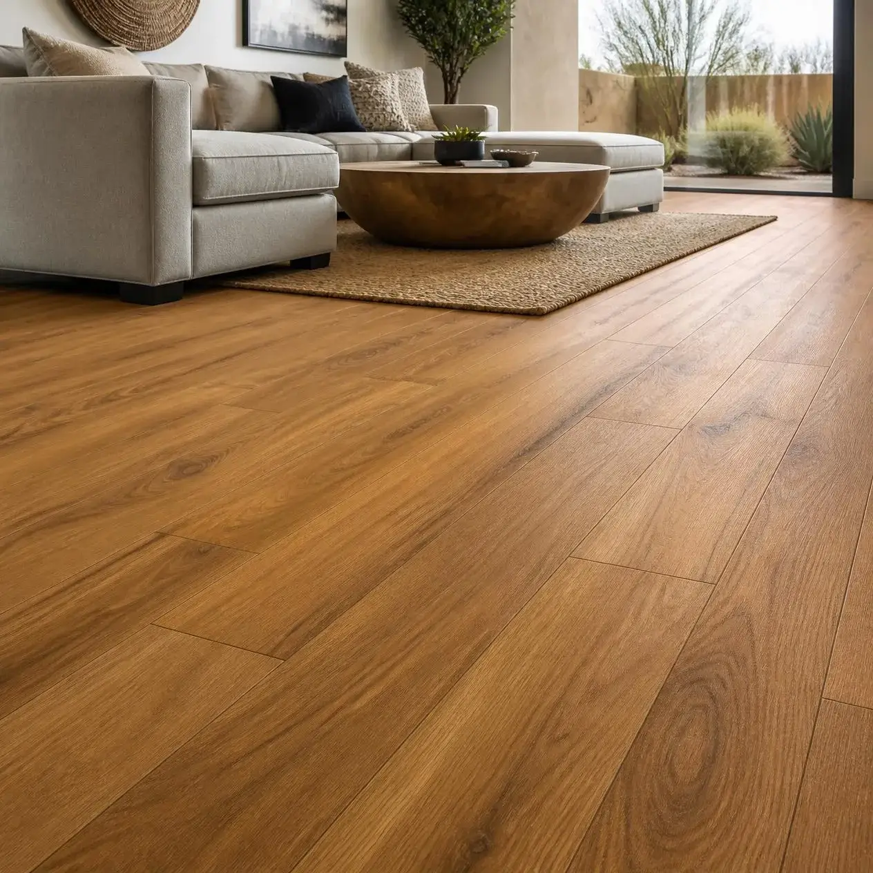 Living room with honey oak-look laminate plank flooring, sectional sofa and a window to a desert courtyard