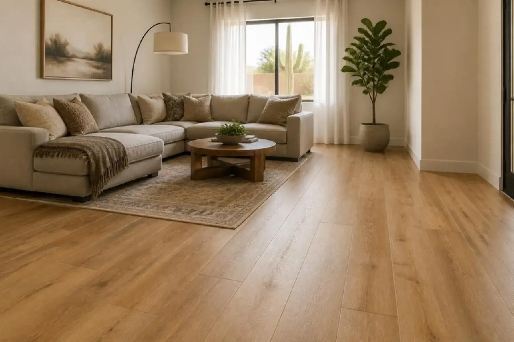 Living room with honey oak-look laminate plank flooring, sectional sofa and a window to a desert courtyard