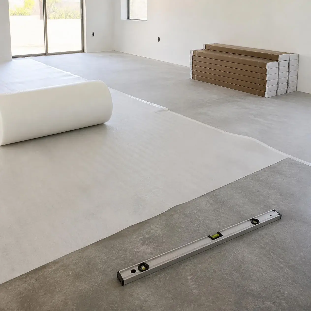 Concrete slab prepared for laminate flooring with foam underlayment, a level and boxed planks