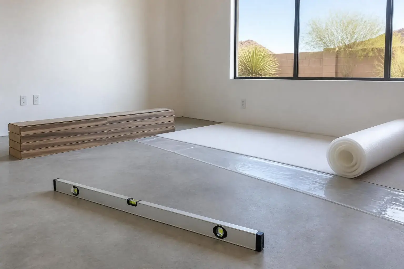 Concrete slab prepared for laminate flooring with foam underlayment, a level and boxed planks