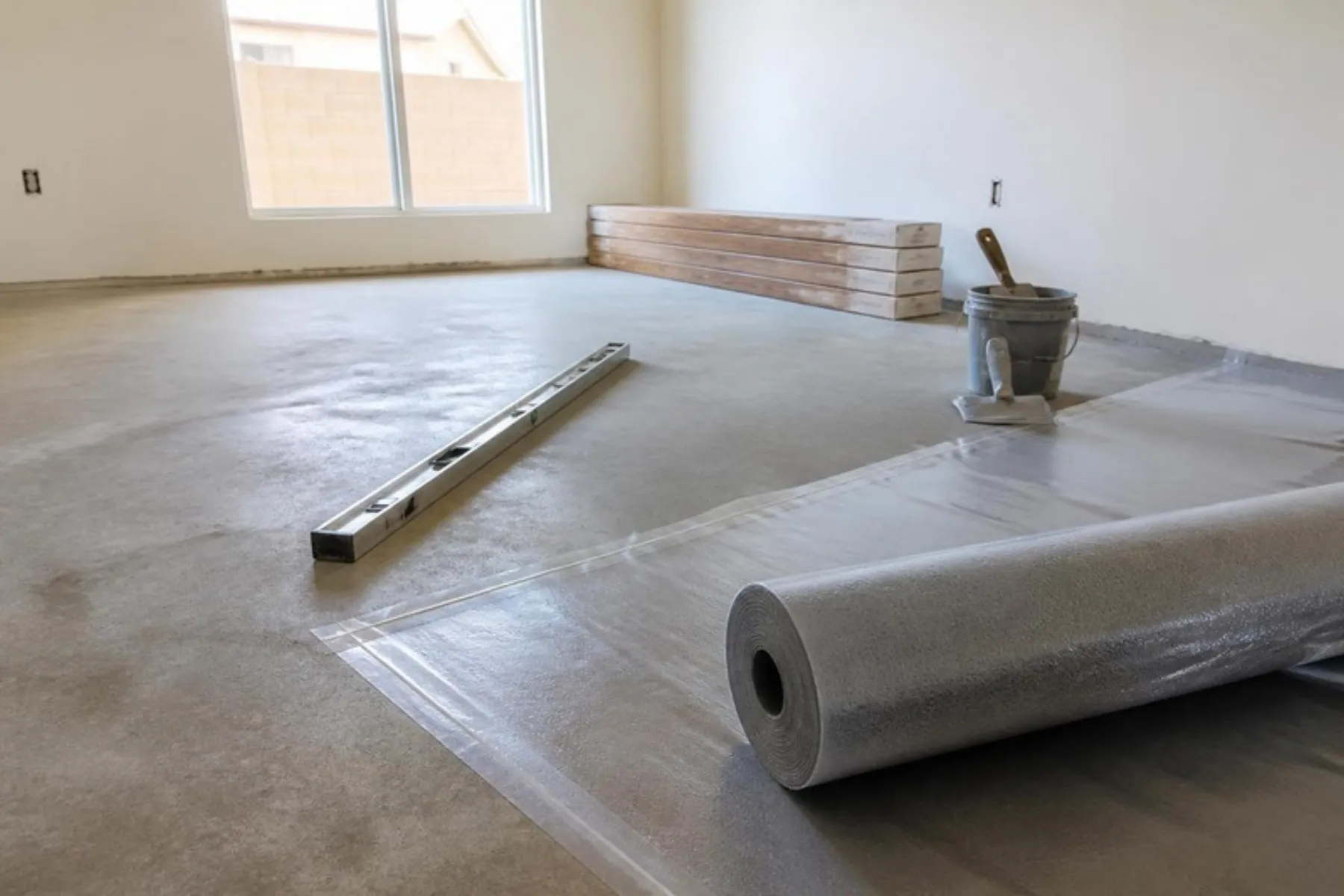 Concrete slab prepared for laminate flooring with foam underlayment, a level and boxed planks