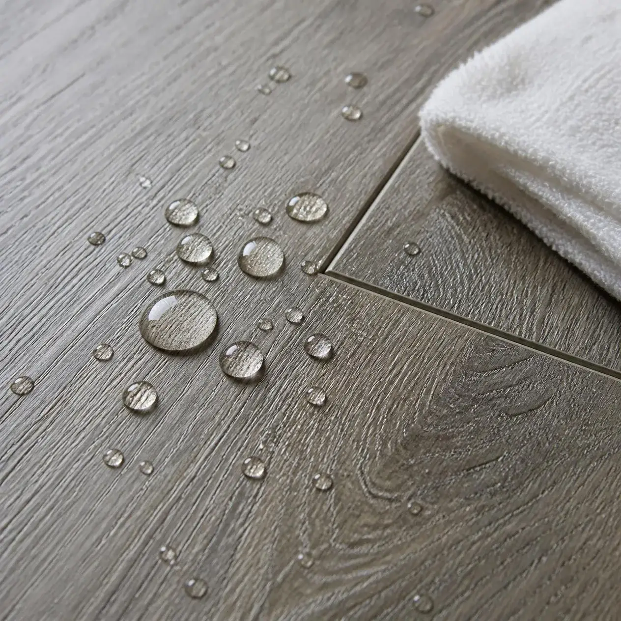 Water droplets beading on grey-washed water-resistant laminate planks with tight joints beside a microfiber cloth