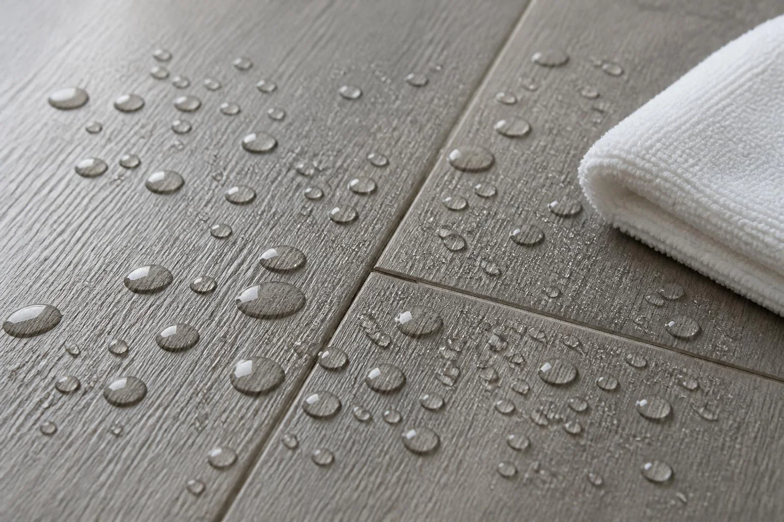 Water droplets beading on grey-washed waterproof laminate planks with tight click-lock joints